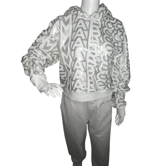 Marc Jacobs Women's Monogram Cropped Hoodie and Pants 2 PC Set Silver White Size - Picture 9 of 16